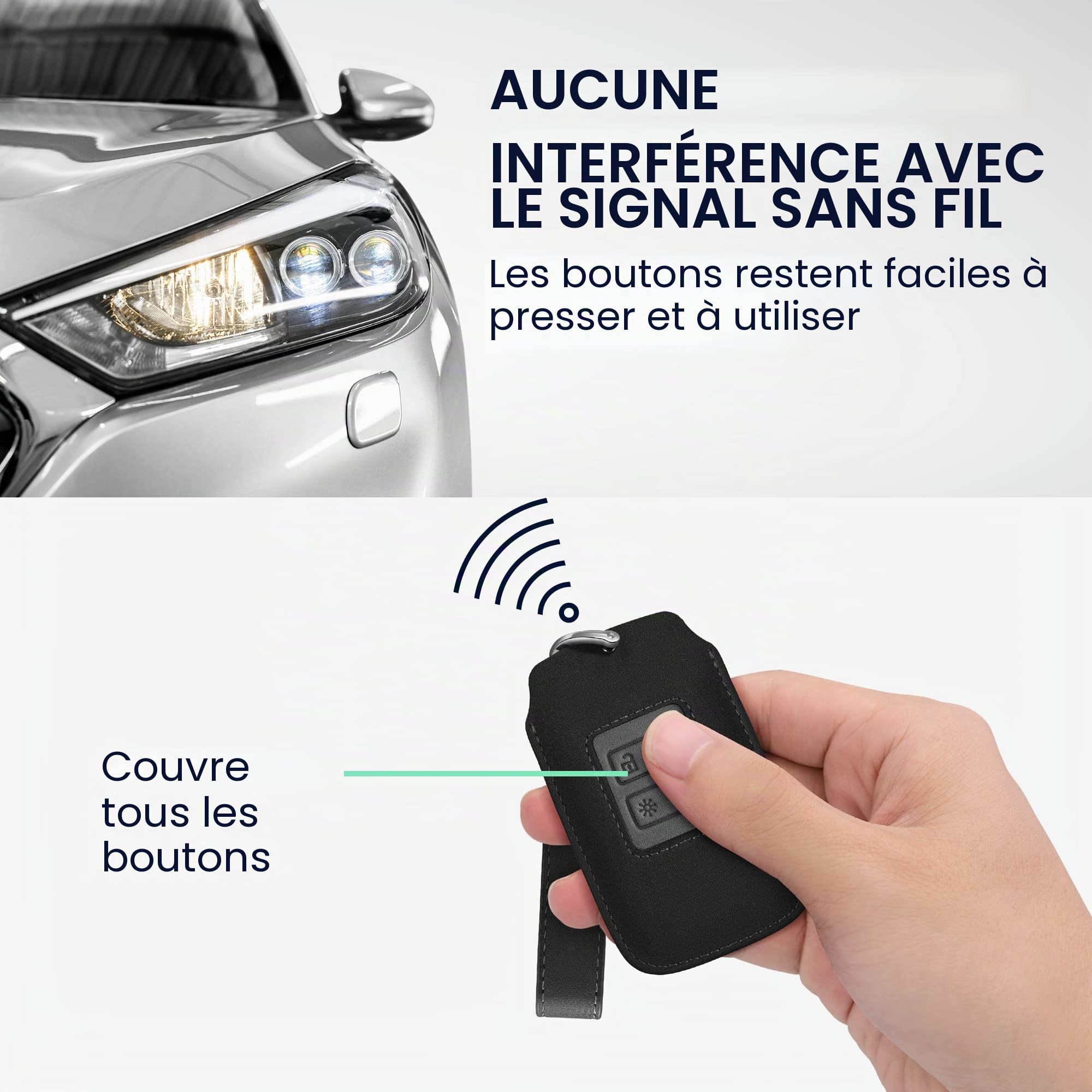 kwmobile Accessoire Clef de Voiture Compatible avec Renault Smart Key 4-Bouton (Keyless Go Uniquement) - Coque de clé de Voiture en Simili Cuir et Simili Daim - Noir-Gris