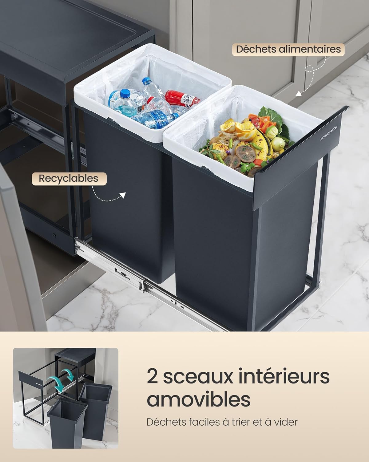 Close-up of the two 15L inner buckets of the recycling bin, one filled with recyclables and the other with food waste, illustrating waste separation.