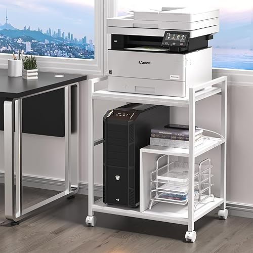 Lerliuo Soporte de impresora con estación de carga y puertos USB, mesa de impresora móvil grande de 3 niveles con estante de almacenamiento, carrito