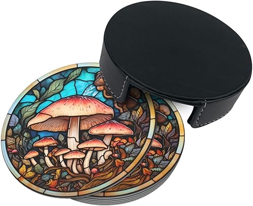 Miniatura 3 de Posavasos de hongos para bebidas, decoración de hongos, posavasos de bar para mesa de café, posavasos de cuero para taza de café, juego de 6 con