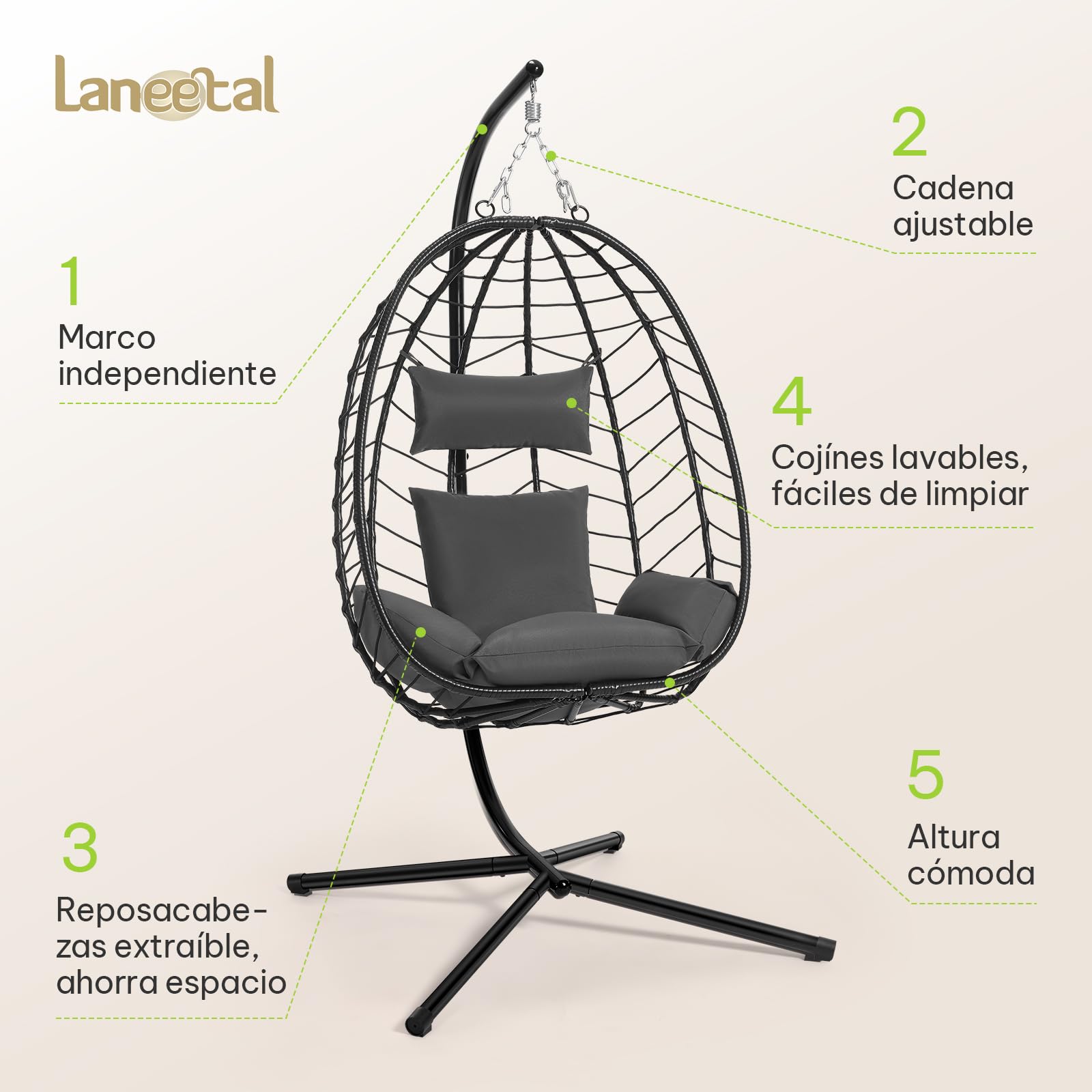 Laneetal Silla Colgante, Silla Huevo con Soporte, Columpio con Cojín y Reposacabezas, Carga 150 kg, PE Aspecto Ratán, Estructura de Metal, para Jardín Patio Terraza 102x100x196 cm, Gris Oscuro