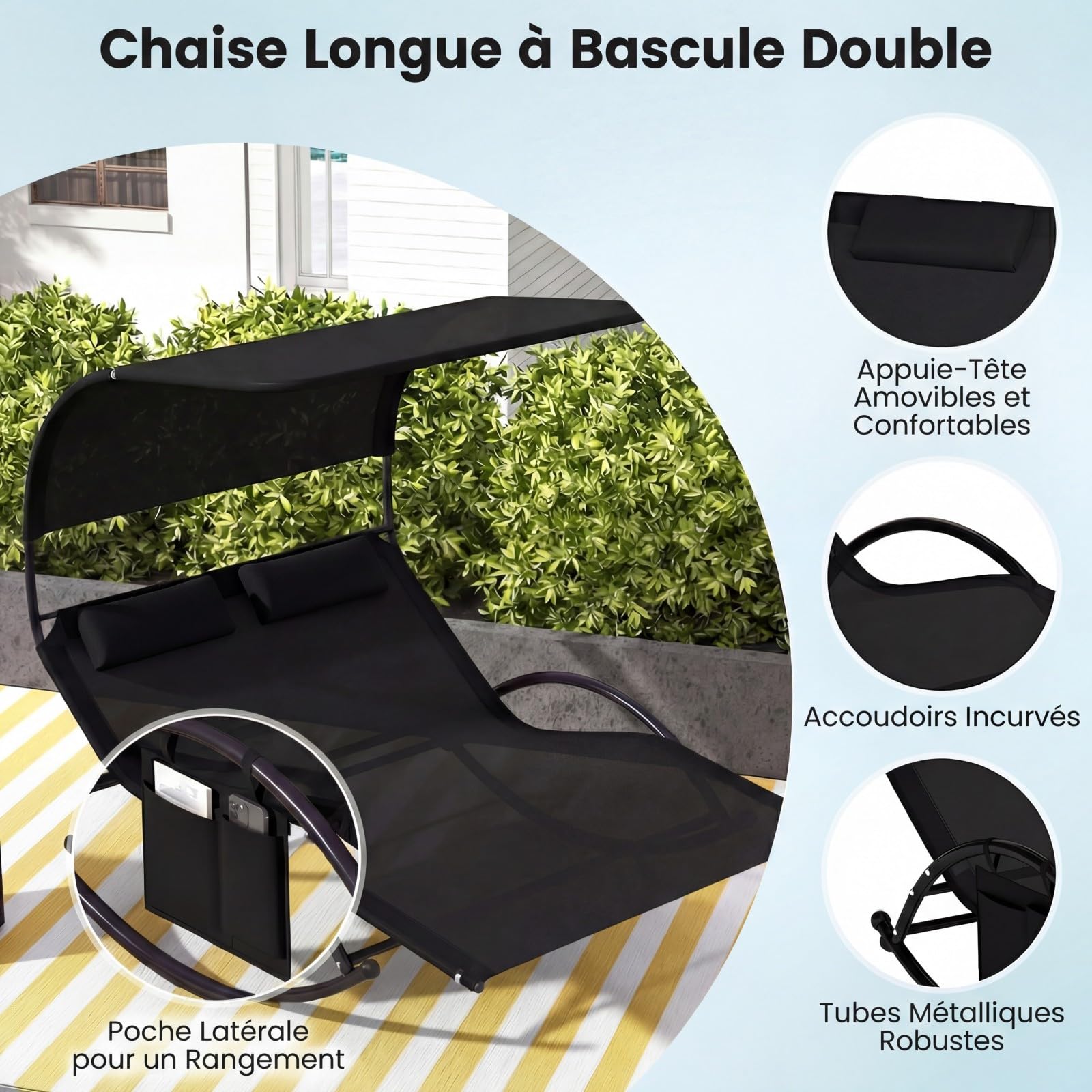COSTWAY Chaise Longue Extérieur à Bascule, Transat à Bascule pour 2 Personnes, Lit de Repos 2 Places avec Auvent Pare-Soleil et 2 Oreillers Amovibles, Cadre en Métal Robuste, Charge 300 KG (Noir)