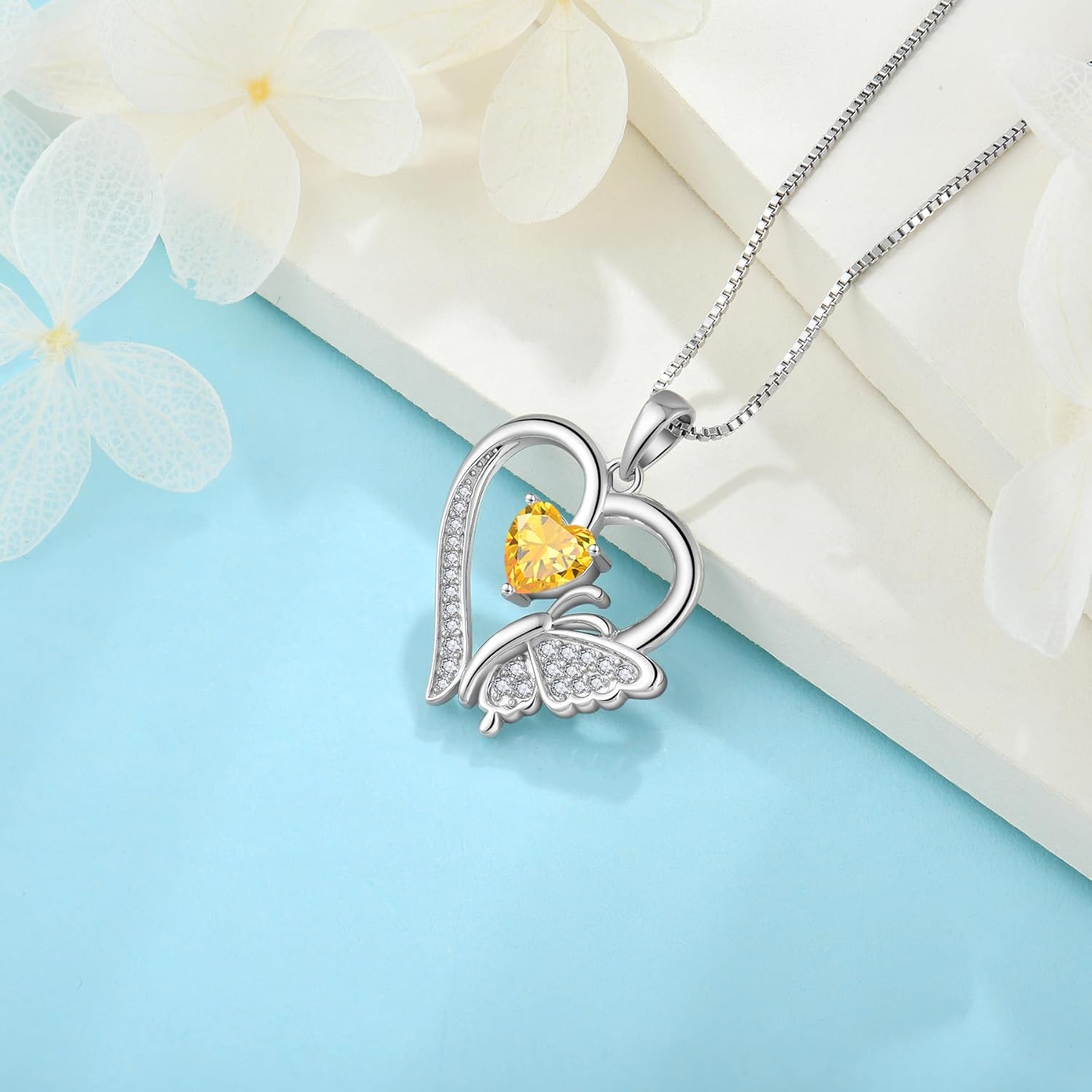 Heart Butterfly Necklace for Women 925 Sterling Silver Heart Pendant with Birthstone Jewelry for Women Her Mom Wife
