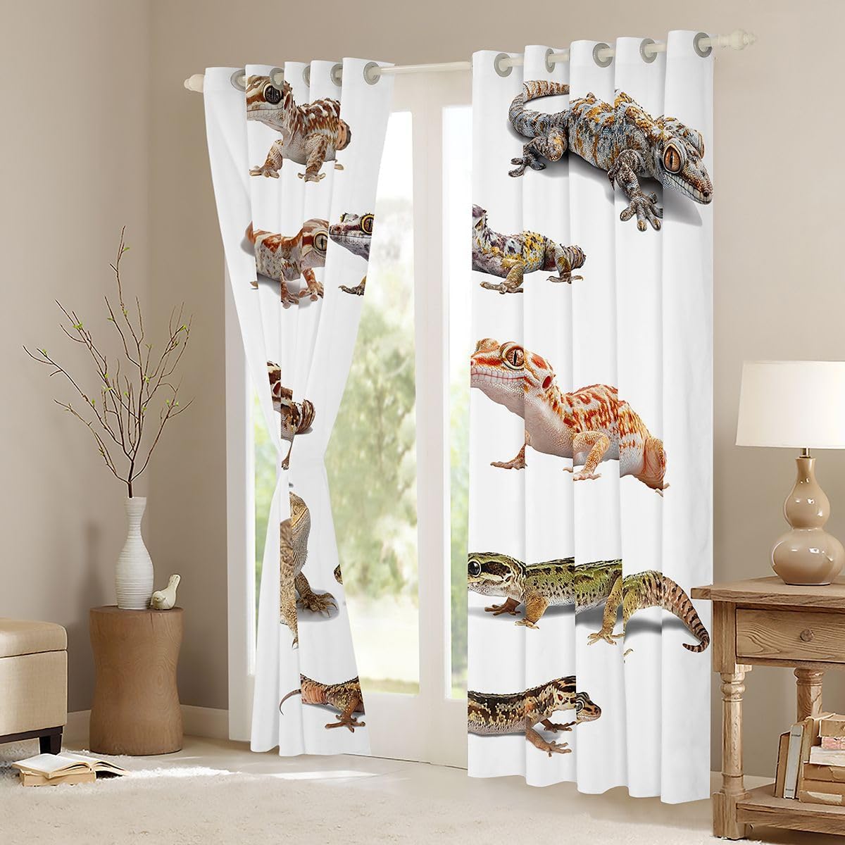 Reptile Curtains Leopard Gecko Window Curtains for Bedroom Living Room for Kids Boys Girls Primitive Wildlife Animals Lizard Window Drapes Beige White Green Decor Window Treatments 42W X 63L,2 Panels