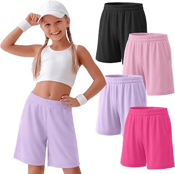 4 Pack Girls Bermuda Shorts Knee Length Straight Leg Athletic Shorts Kids Elastic Waist Summer Loose Long Shorts