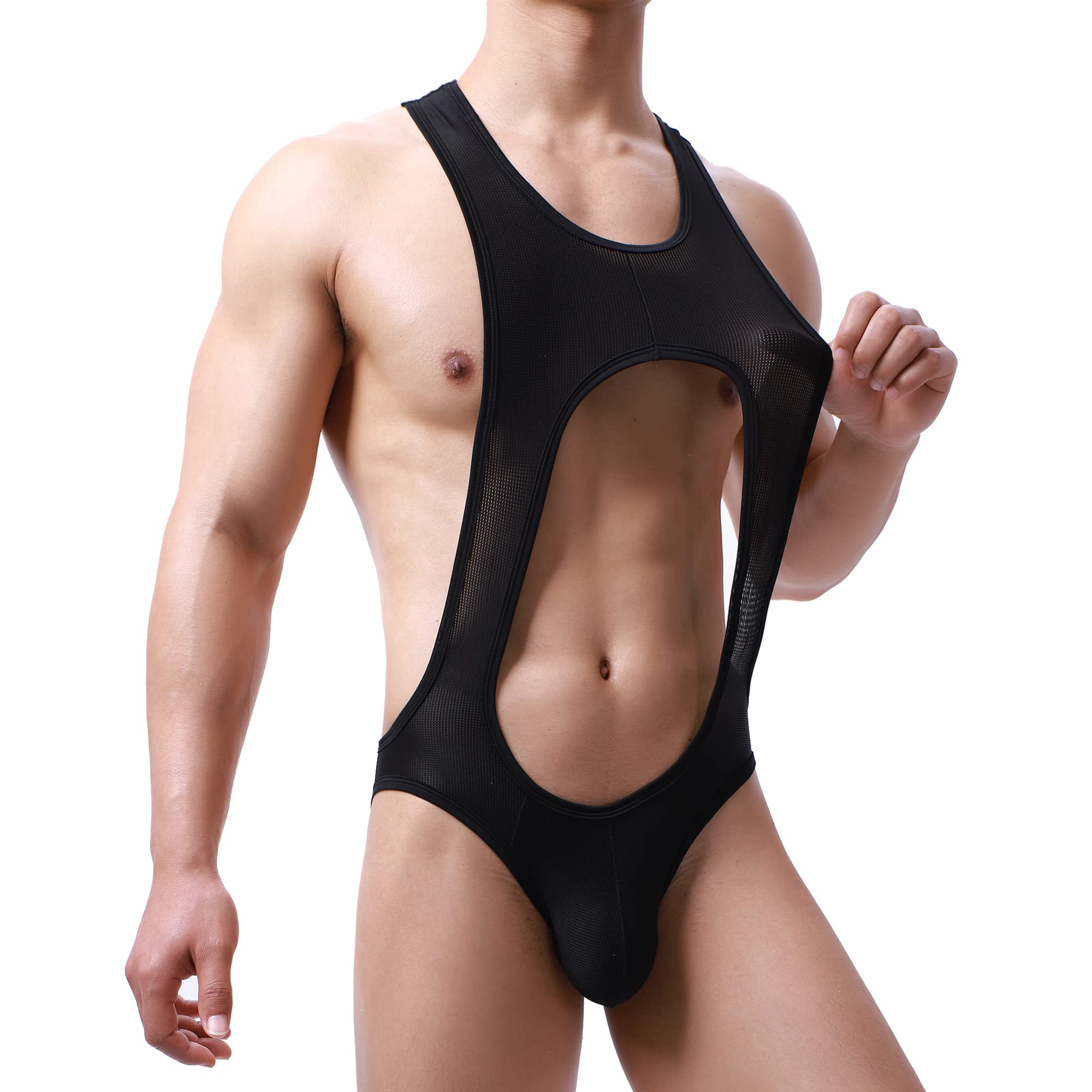 QiaTi Hommes Tanga Maillot Body Stretch Wrestling Singlet Jumpsuit Une Pièce G-string Sous-vêtements, D# Noir., M
