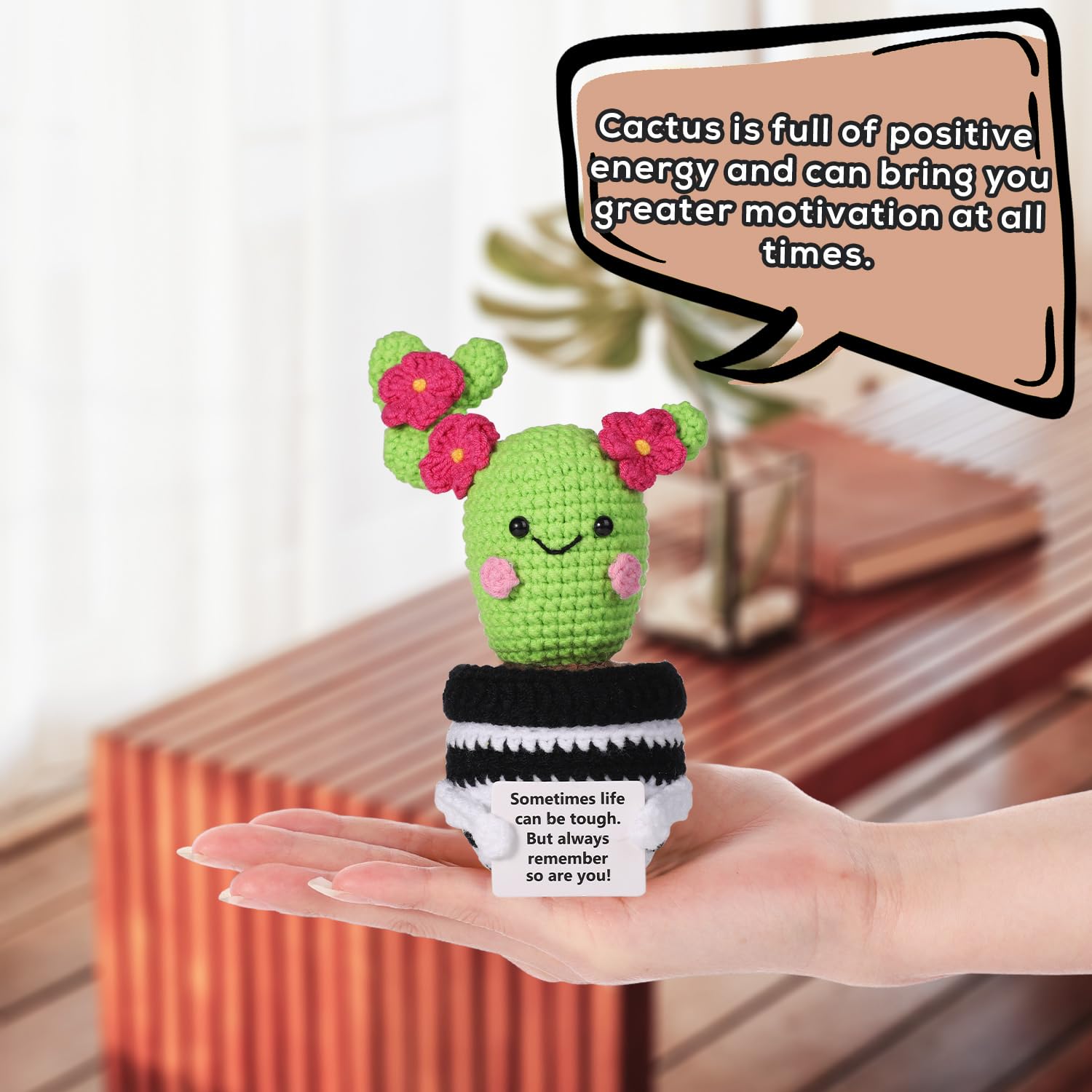 Positive Crochet Cactus Plant - Mini Knitted Succulent With Encouraging Message Card, Desk Decor Gift