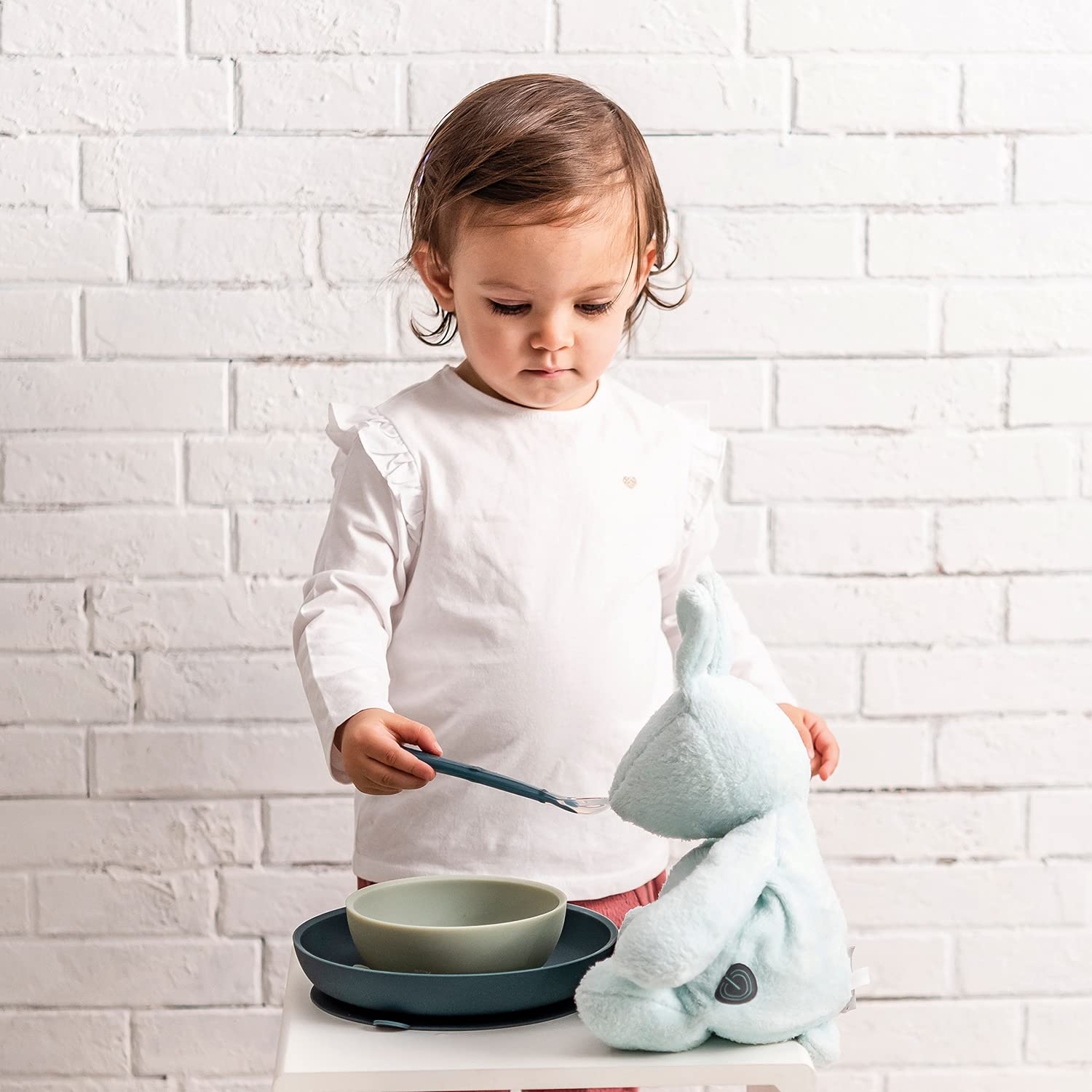 Nattou Set Repas en Silicone pour Enfants, 4 Pièces, 1 Cuillère, 1 Assiette, 1 Bol, Antidérapant, Sans BPA, Silicone, Vert/Bleu