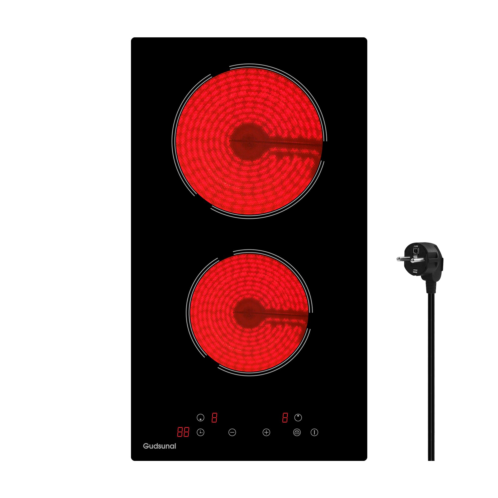 Gudsunal Kochfeld 2 Platten Glaskeramikkochfeld mit Stecker, 3000W, 9 Heizstufen, 1-99 Minuten Timer, Touch-Steuerung, Automatische Abschaltung, Kindersicherung,Schwarz