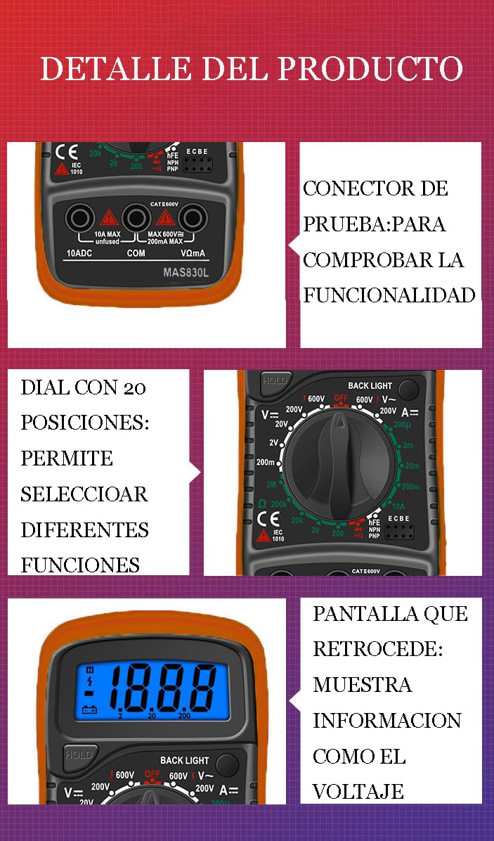 Multímetro Digital Profesional, Polimetro Digital con Pantalla Retroiluminada, Voltimetro Portátil y Resistente, Multifunción para Hogar y Taller, Manual en Español