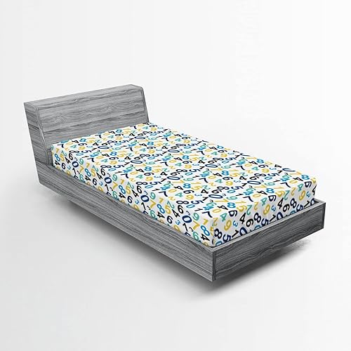 Ambesonne Numbers Pattern Fitted Sheet Set, Math Themed Number Print Jumble Look Ornament Colorful Image, Decorative Bedding All-Round Elastic Pocket 2 Pcs, Twin Size, Blue Yellow and White