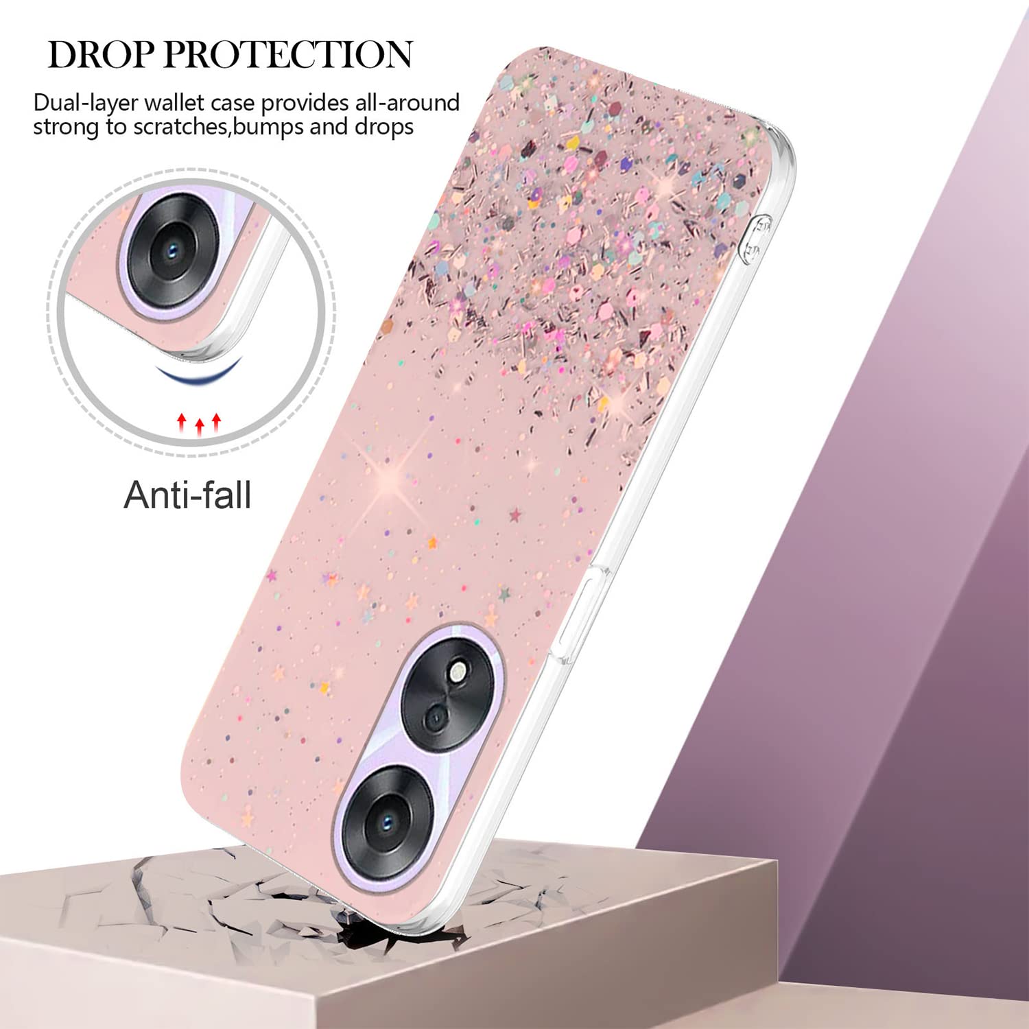 Yarxiawin Custodia per OPPO A78 5G Silicone Morbido Rosa, Effetto Glitter per OPPO A78 Cover Trasparente Sottile Fiore Antiurto Case Brillantini (Rosa