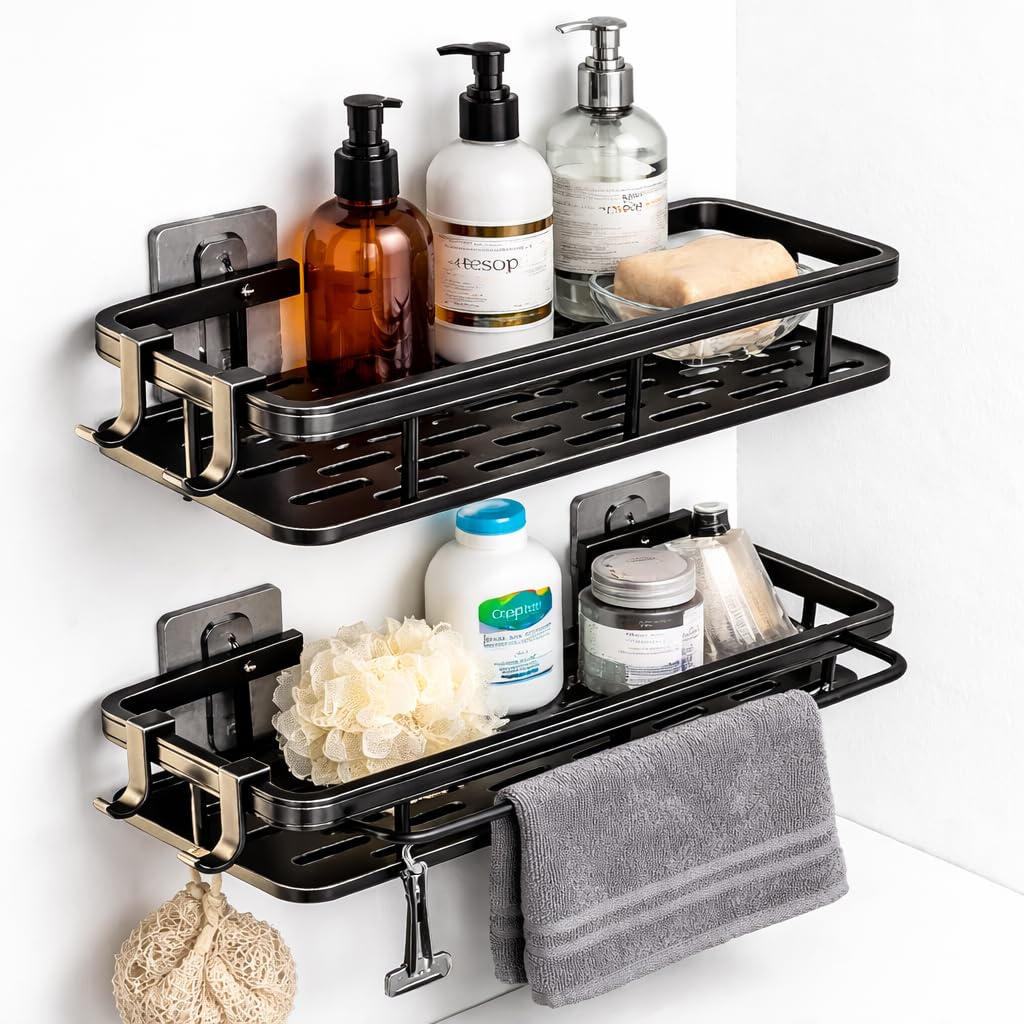 Zemain® 2 Pack Self Adhesive Shower Caddy | Large Rust Proof Bathroom Storage Shelves | 2 PCs Floating shelves | Black Shower Caddy suction for Shower Storage | Bathroom Accessories Set for Toiletries