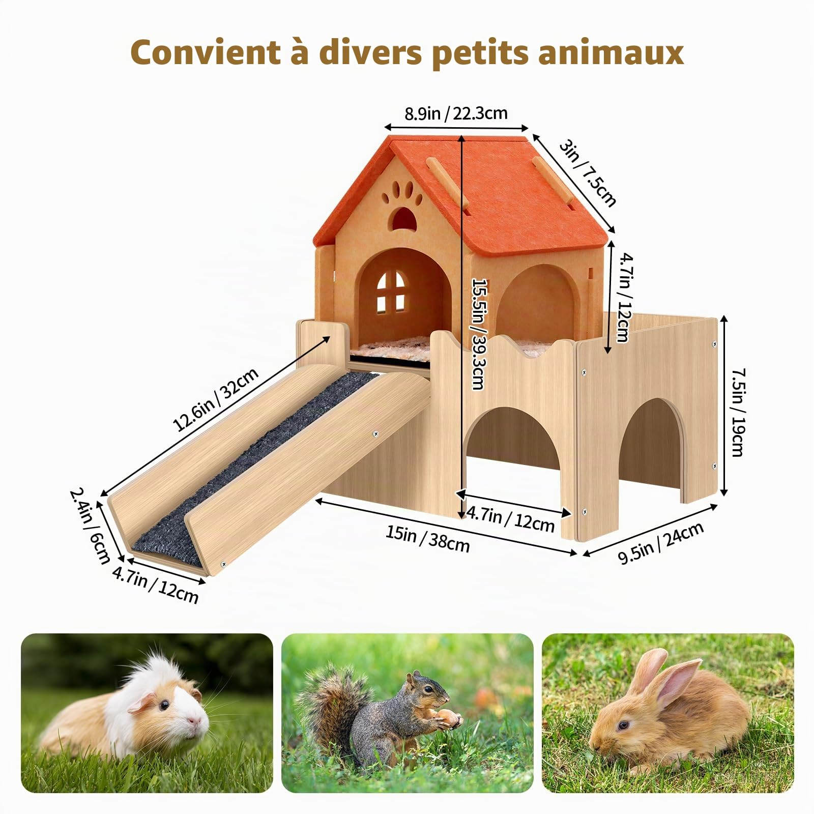 Mittimiya Maison 3-en-1 pour cochons d'Inde avec plate-forme et escalier