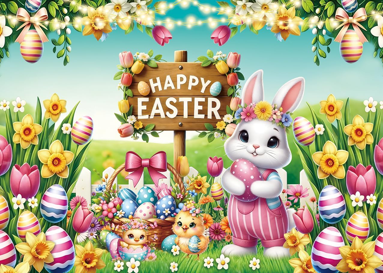 Happy Easter Backdrop Bunny Colorful Eggs Floral Spring Garden Green Grass Photography Background Kids Baby Shower Birthday Party Decorations Banner Photo Props (7x5FT)