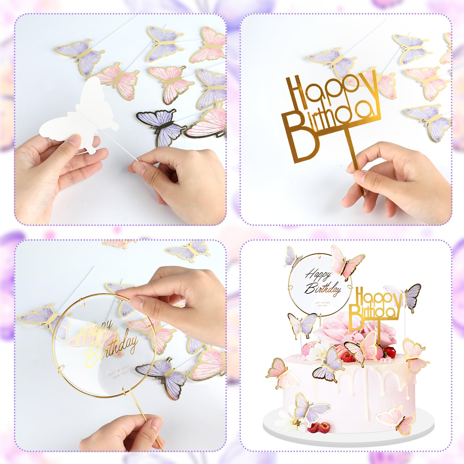 22-Piece Butterfly Cake Topper Set – Includes Happy Birthday Acrylic & Metal Toppers – For Birthdays, Weddings, Baby Showers (Purple & Pink) - View #3