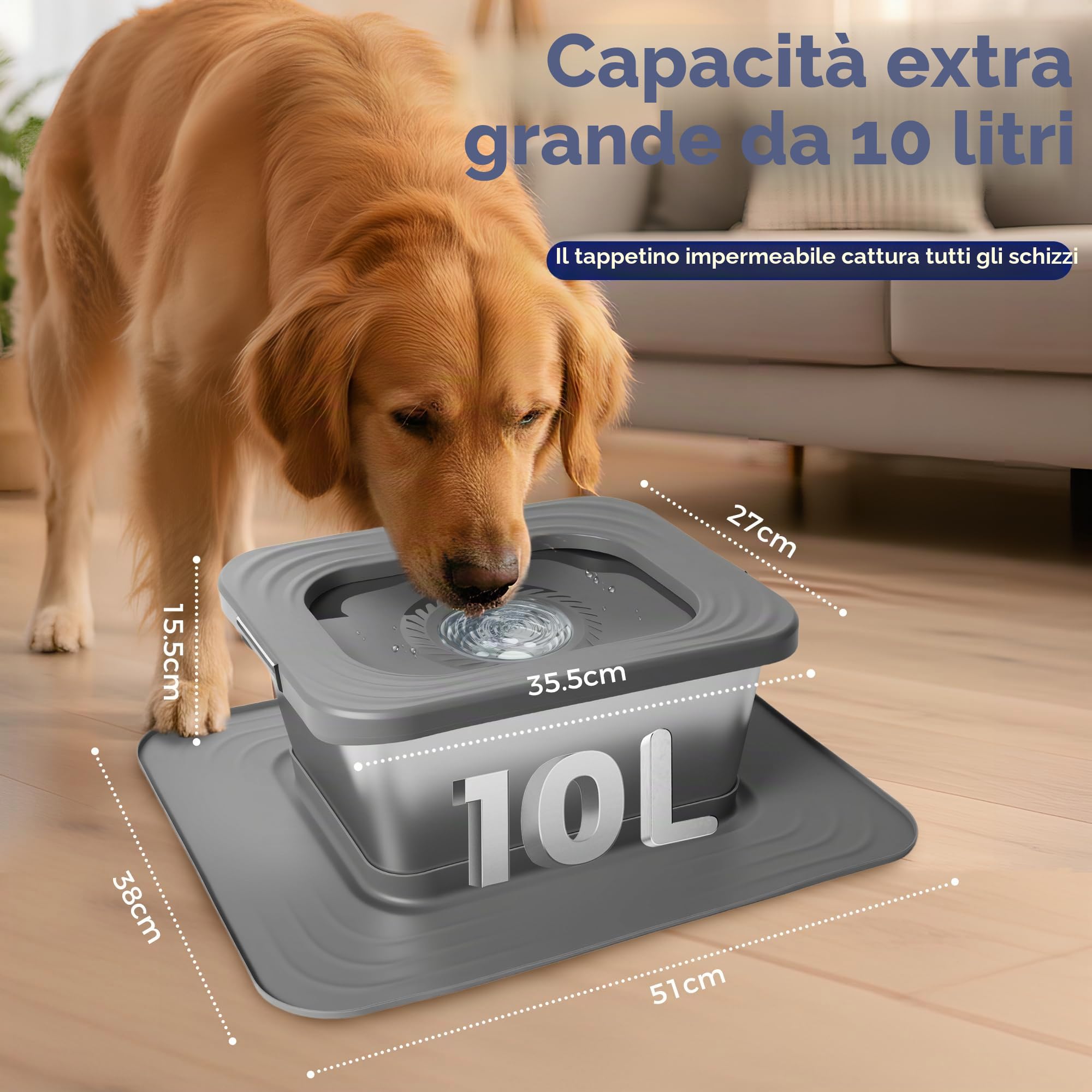 Bostar Ciotola dell'acqua per cani da 10 l, senza sbavare, con tappetino in silicone XXL, filtro di ricambio, in acciaio inox, per cani di taglia media/grande, lavabile in lavastoviglie