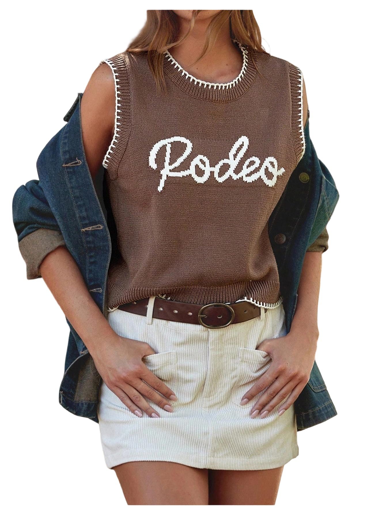 Women's Letter Graphic Sweater Vest Crew Neck Sleeveless Knit Tops Fall Clothes-image-3