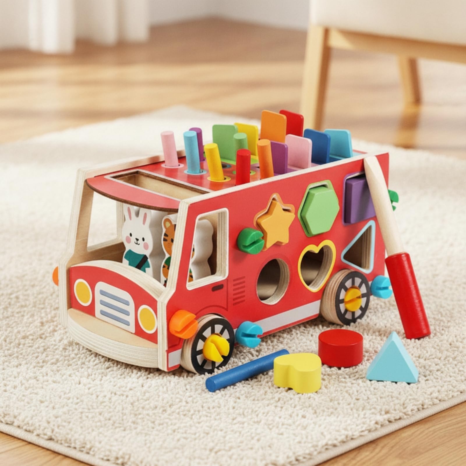 Baoblaze Juguete Educativo Infantil Bus de Madera Clasico Clasificador de Formas Bloques Geometricos Juego de Encastre Set Completo con Cuerpo de Bus y Piezas