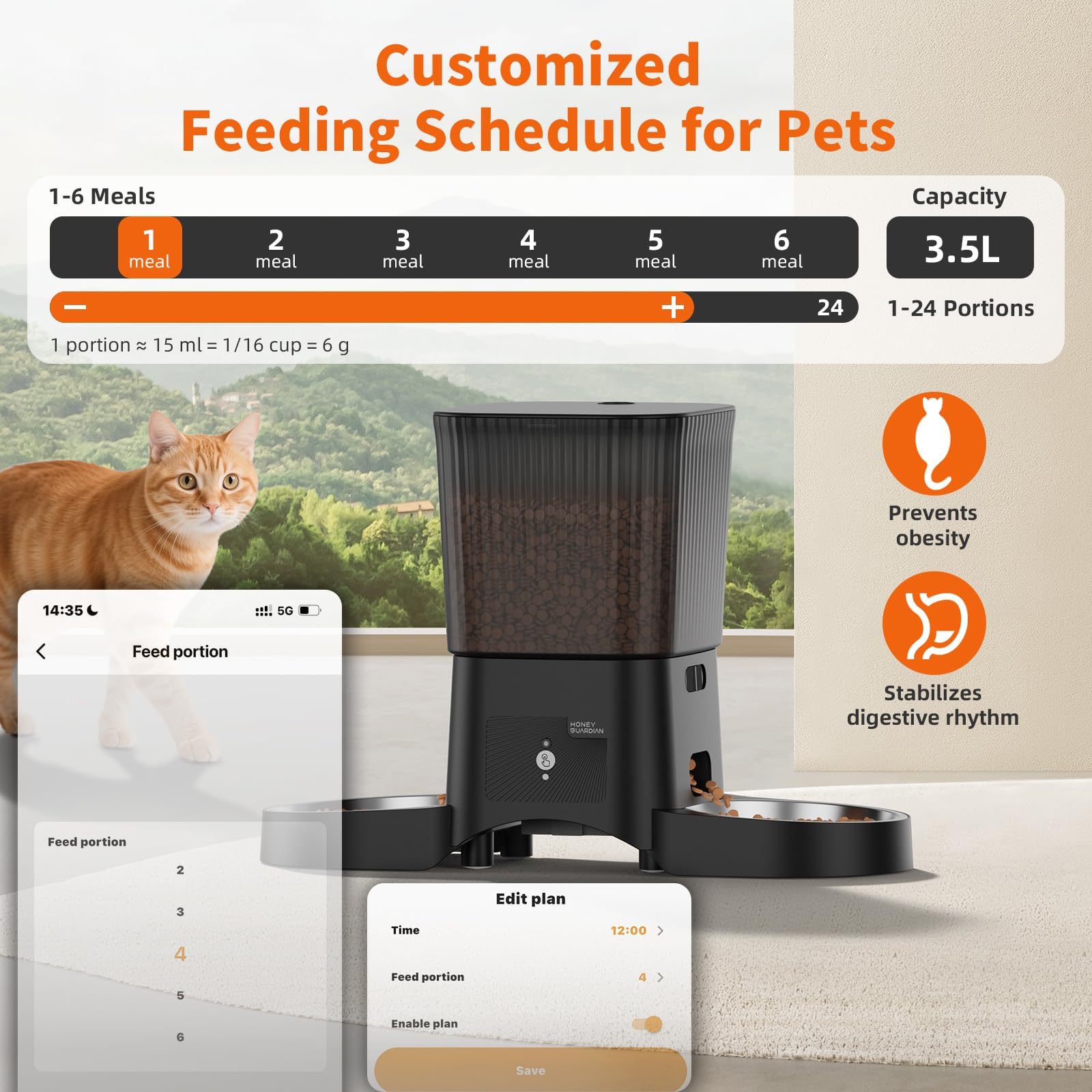 HoneyGuaridan 5G/2.4G WiFi Distributore Automatico Cibo Gatti con 2 Ciotole, Distributore Automatico Intelligente per Gatti e Cani, 4 Piedini Antiscivolo, Stabilità, 1-6 Pasti al Giorno (3.5L)