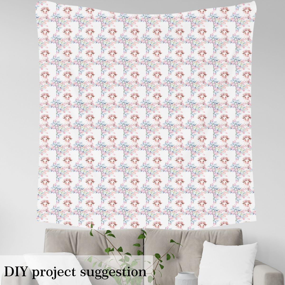 Feelyou Cute Sheep Fabric by The Yard 2 Yards Cartoon Animal Decorative Waterproof Outdoor Fabric Flower Floral Print Upholstery Fabric for Chairs Farm Zoo Garden Theme DIY Reupholstery Fabric