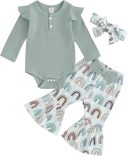 Ropa de otoño e invierno para bebé recién nacida, mameluco con volantes, pantalones acampanados, diadema y pantalones acampanados, conjunto de