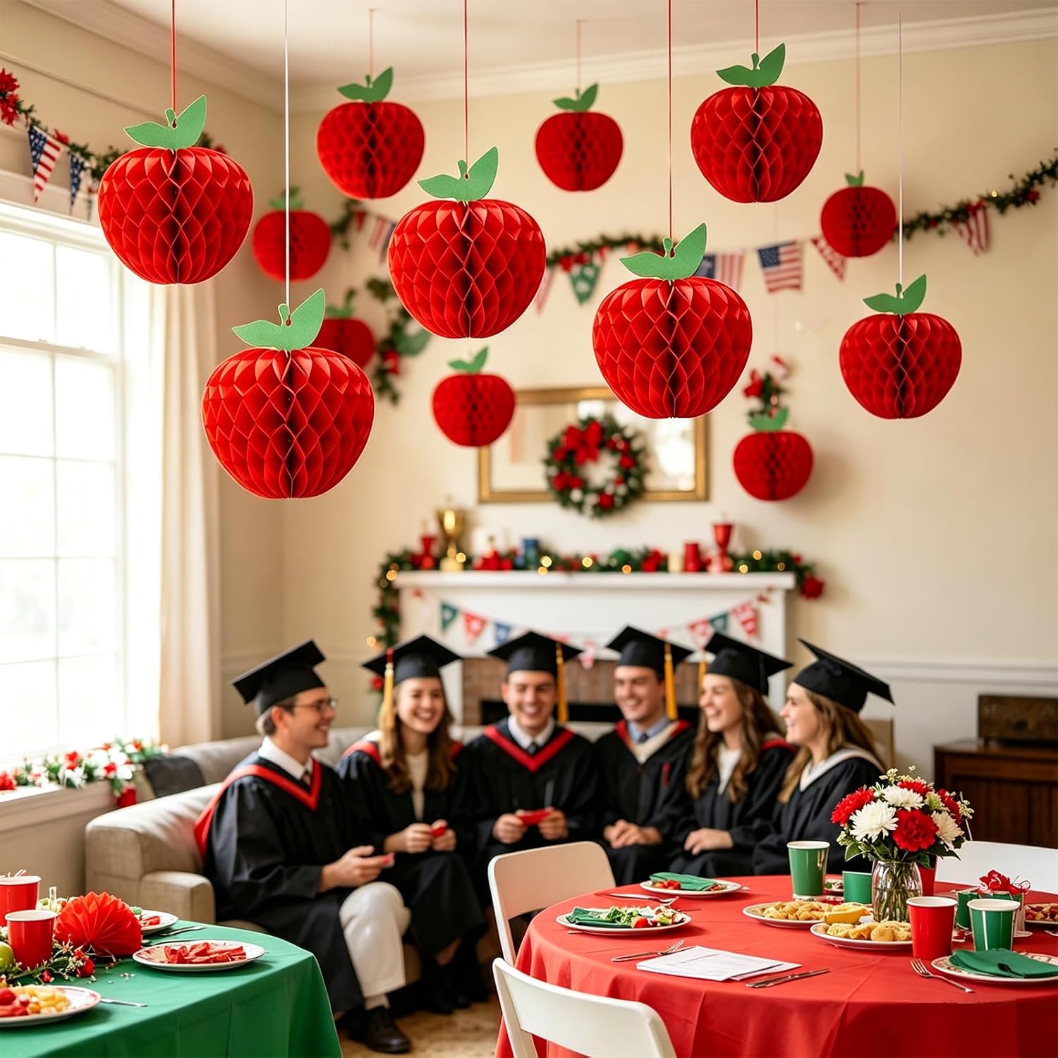 Red Apple Honeycomb Decorations 10 Pack Paper Apple Honeycomb Balls Hanging Ornaments for Back to School Teacher Appreciation Fruit Theme Party Farm Kitchen Classroom Wall Decor