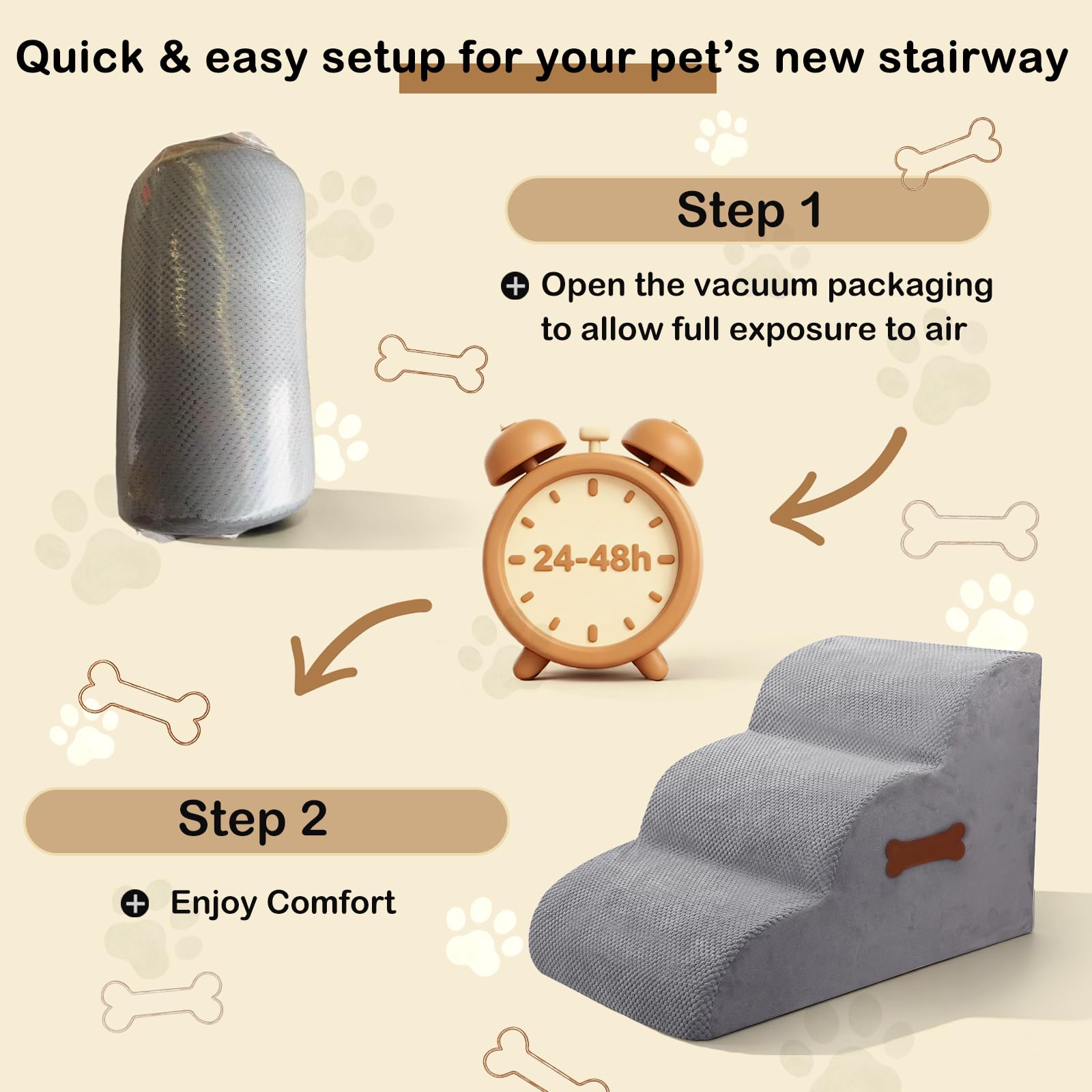 Scaletta per cani di piccola taglia, 3 gradini, per letto e divano, altezza 40 cm, per cuccioli, gatti e anziani, antiscivolo, con manico in osso, grigio