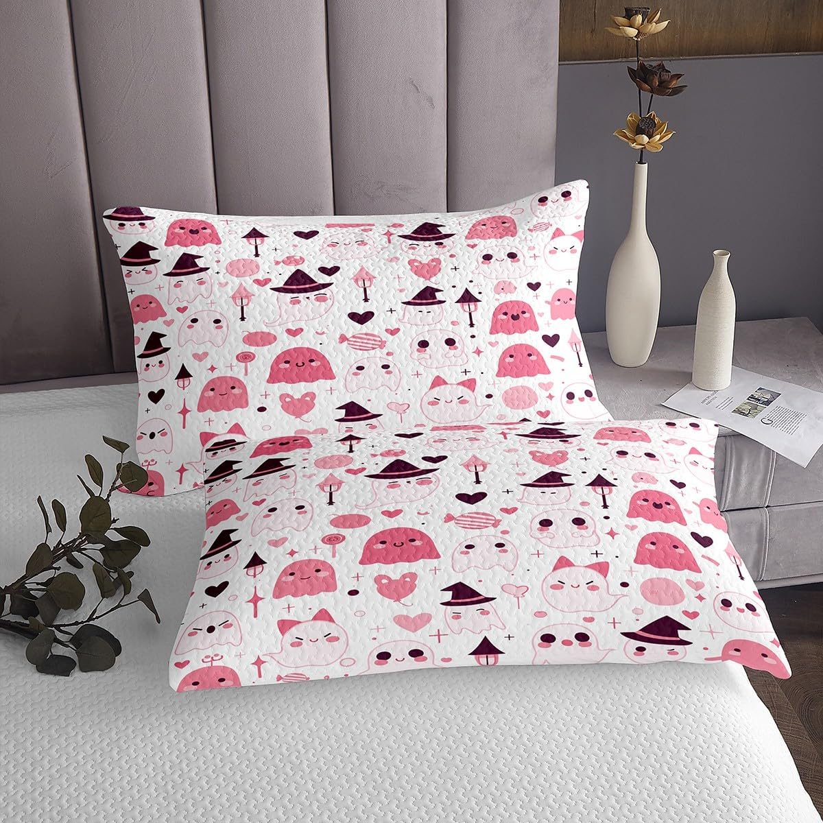 Erosebridal Kids Cute Halloween Decor Quilt Set Queen Size, Pink Halloween Bedspread for Girls Teens Child, Pink Ghost Coverlet, Sweet Candy Sugar Love Heart Bedding Set