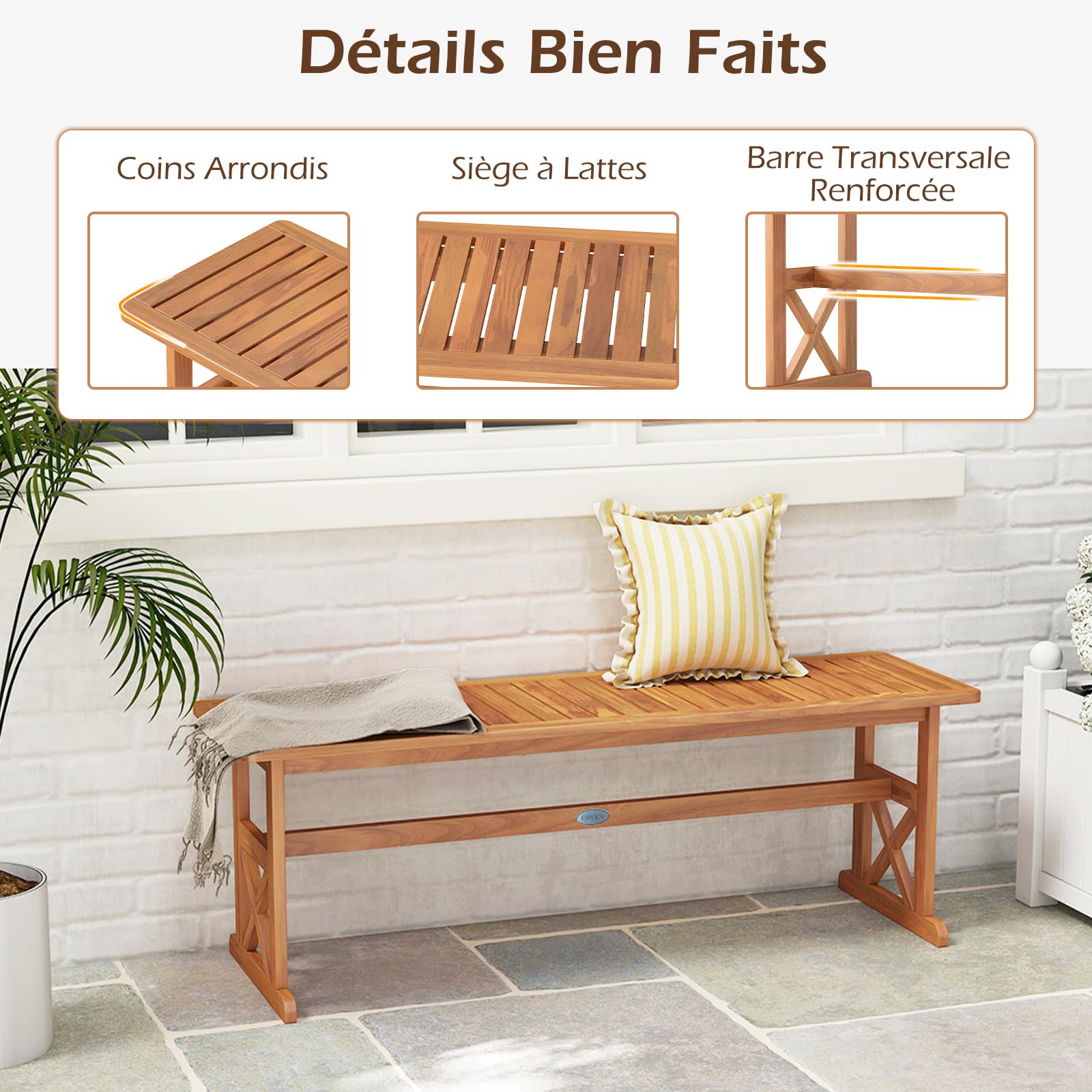 COSTWAY Banc de Jardin en Bois d'Acacia, Charge 360 kg,Banc Exterieur Jardin sans Dossier pour 2-3 Personnes, Siège à Lattes, Banquette Extérieur pour Porche Jardin Balcon, 130 x 35 x 45 cm