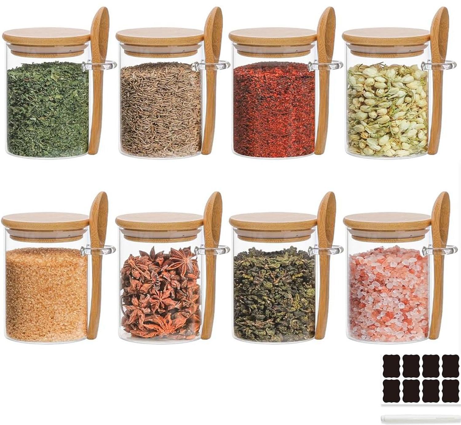 KUAIJI 8-Pack250 ml (8.45 oz) Glass Jar With Tight Wooden Lid and Spoon, Only Suitable For Spices, Salt, Tea, Sugar, It is a Delicate and Lovely Kitchen Storage Jar (8 Pack250 ML)