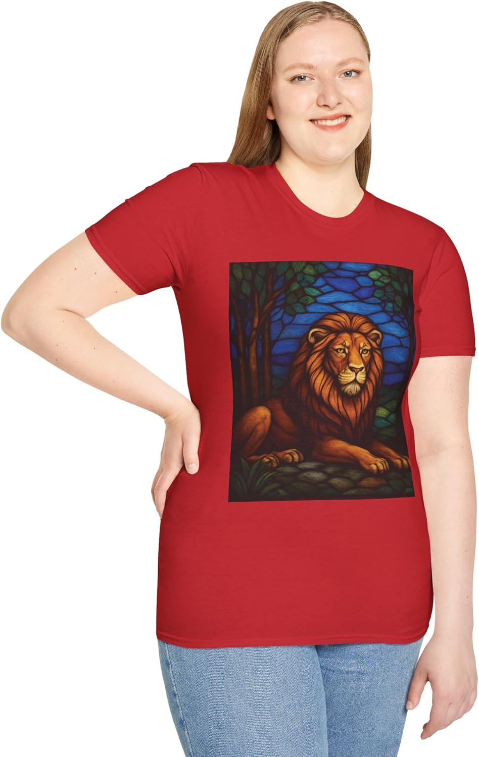 Softstyle Unisex T-Shirt with Artistic Lion Print – Lightweight Cotton Graphic Tee, Stained-Glass Style Nature Design - Image 2