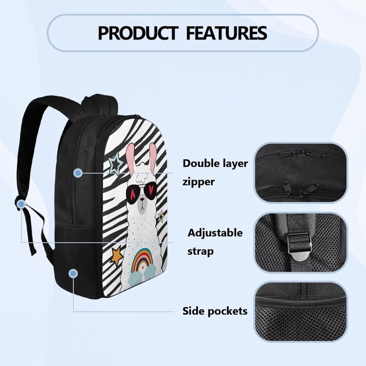 Cool Alpaca Stripe Print Backpack for Boys Girls Teens Schoolbag for College Student Lightweight Bookbags College High School Bags Travel Rucksack Daypack with Adjustable Padded Straps