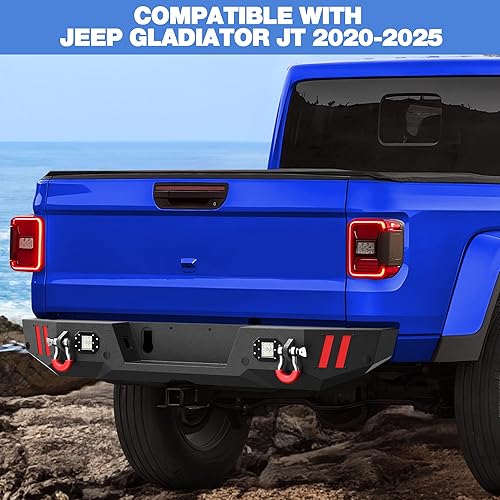 Miniatura 7 de Gladiator - Parachoques trasero de ancho completo para Jeep Gladiator JT, parachoques negro texturizado con luces LED, orificios de sensor y anillos