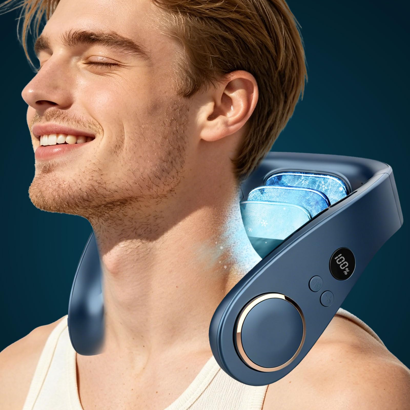 Ventilatore da Collo Raffreddatore Condizionatore Portatile, Mini Neck Fan Silenzioso con 3 Temperature e 5 Velocità, Batteria 5500mAh Potente Autonomia 15 Ore, per Mezzi Pubblici e Vita in Città