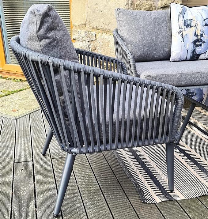 Image of 4 Seater Sofa Outdoor Conversation Patio Garden Rope Furniture Set with Cushion and Center Table Color for Garden /Balcony /Poolside in Grey