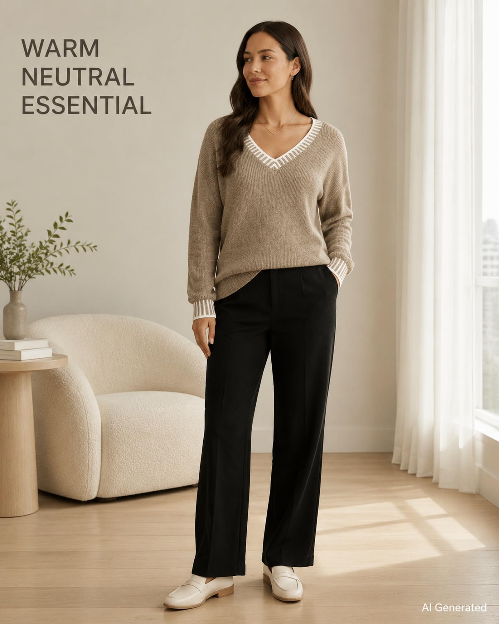 Damenpullover mit V-Ausschnitt, langärmelig, entspanntes Strickoberteil für