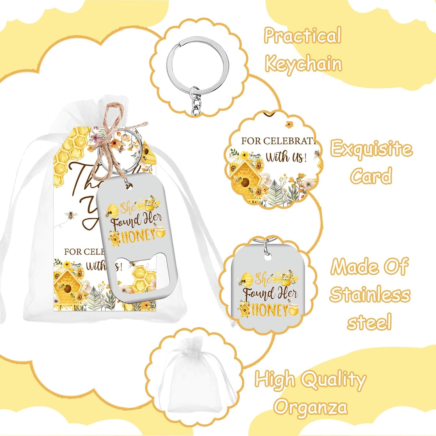 72PCS She Found Her Honey Bridal Shower Favors Bottle Openers Keychains Honey Bee Thank You Tags Organza Bags for Bride to Bee Bridal Shower Bachelorette Wedding Party Supplies