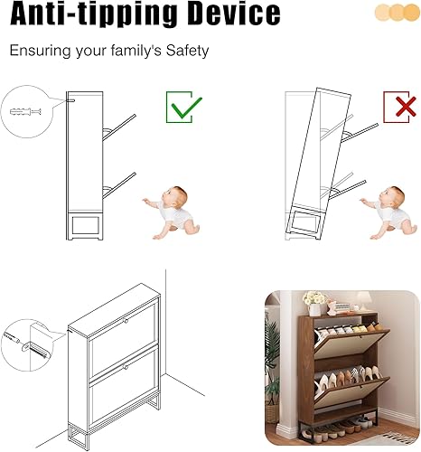 Vista 22 de Armario estrecho de almacenamiento de zapatos con 3 cajones abatibles, armario de madera para zapatos con cajón de puertas de lino, organizador