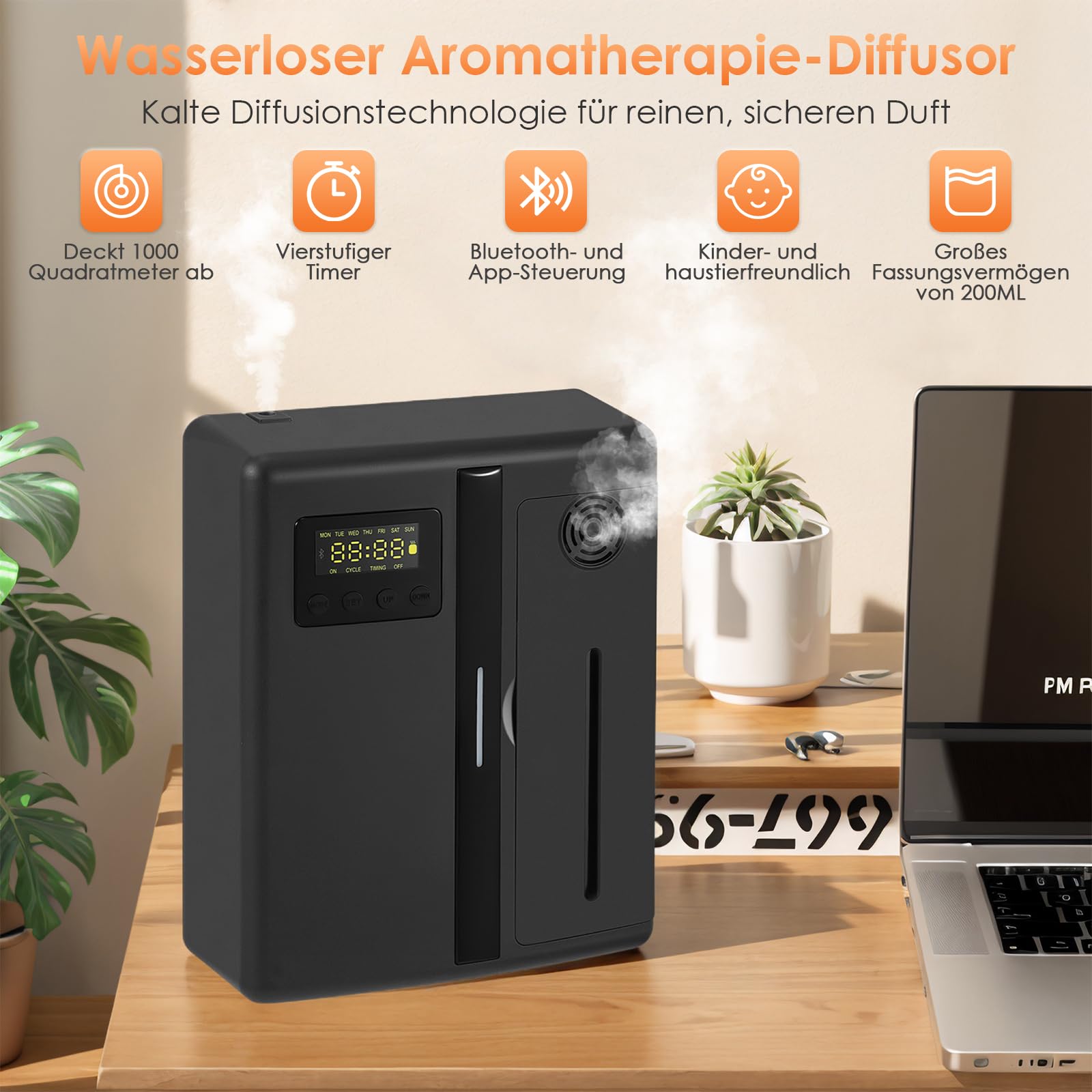 Smart Aroma Difusor App, 200 ml, difusor sin agua, aceites esenciales de hasta 200 ㎡ 30H, humidificador inteligente con pantalla LCD para dormitorio, habitación infantil y plantas