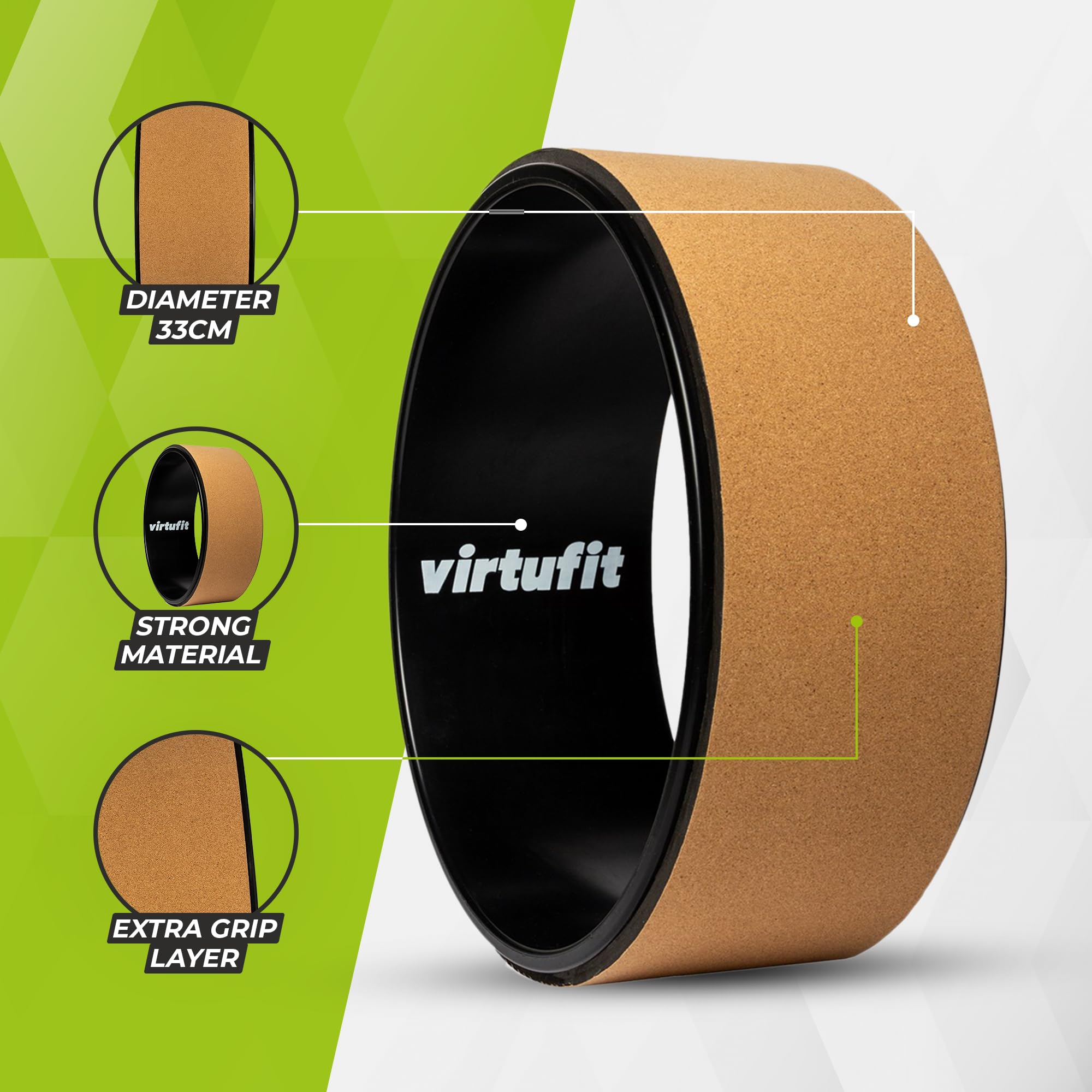 VirtuFit Roue de yoga de qualité supérieure en liège - Écologique - 33 cm