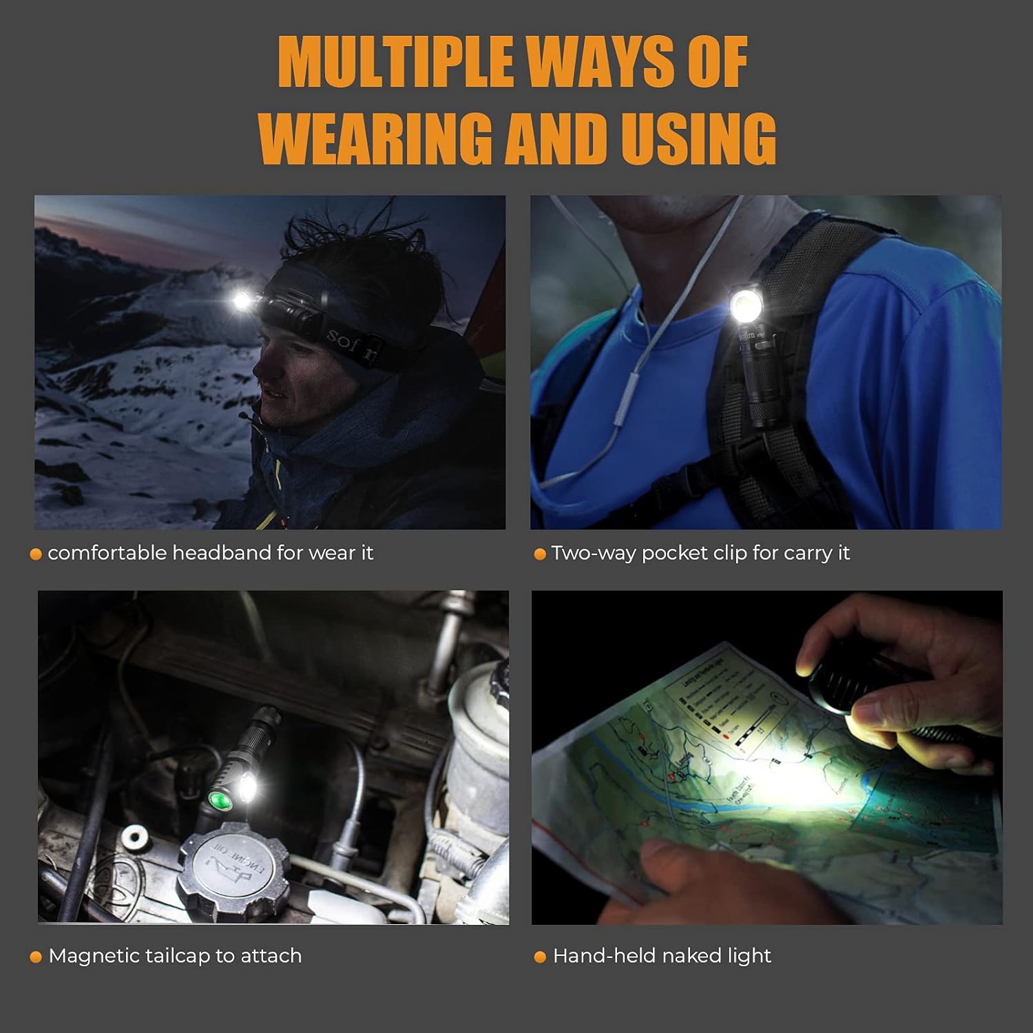 Four images showing different ways to wear and use the Sofirn HS05: on a comfortable headband, with a two-way pocket clip, attached via magnetic tailcap, and as a hand-held light.