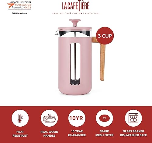 Miniatura 2 de La Cafetière Pisa Cafetière, 3 tazas/1.2 fl oz, vidrio de borosilicato resistente al calor y acero inoxidable con émbolo de fácil agarre, pequeña