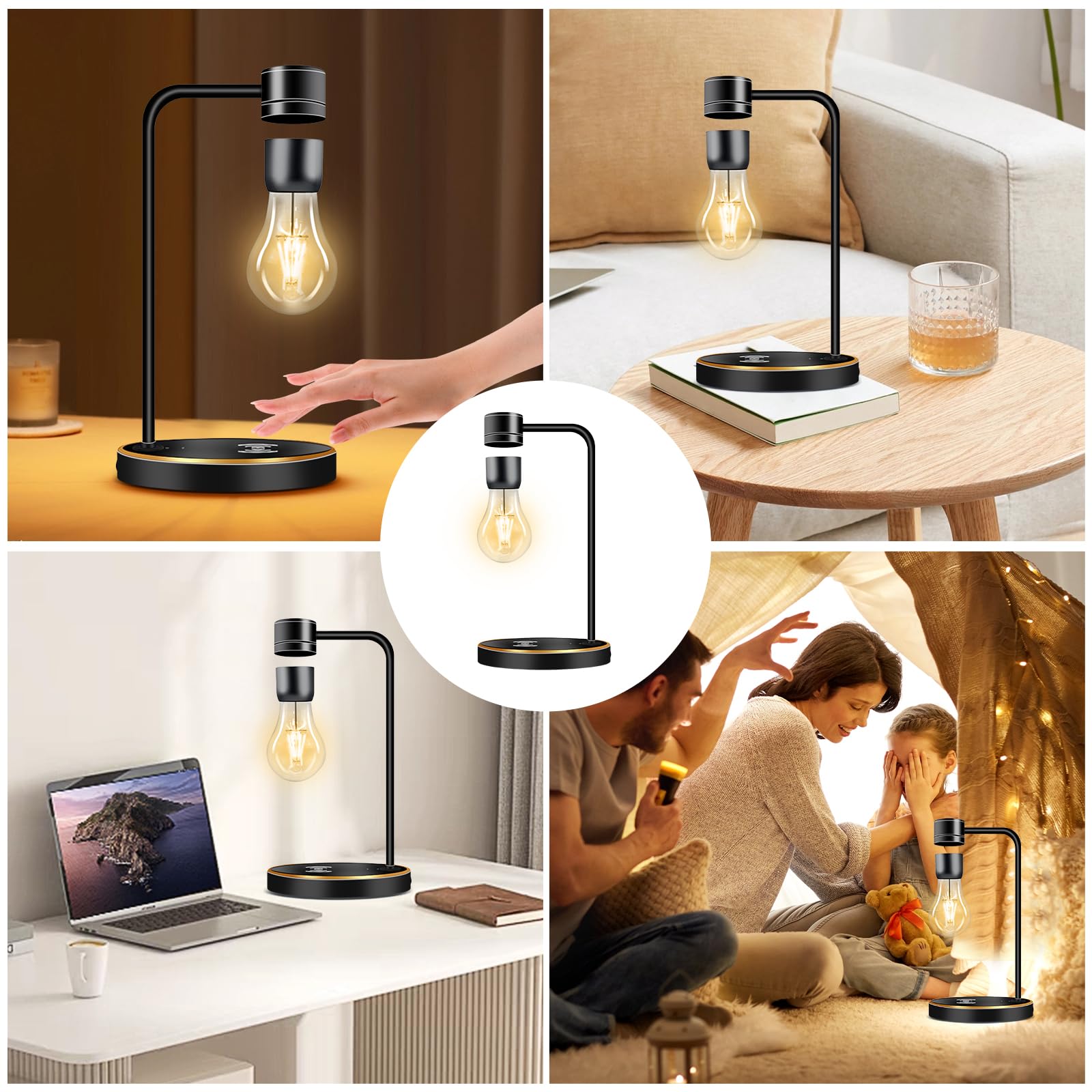 Asixxsix Lampadina A Levitazione Magnetica Con Base In Legno E Ricarica Wireless - Luce Notturna LED, 380 Mm, Spina UE - 3
