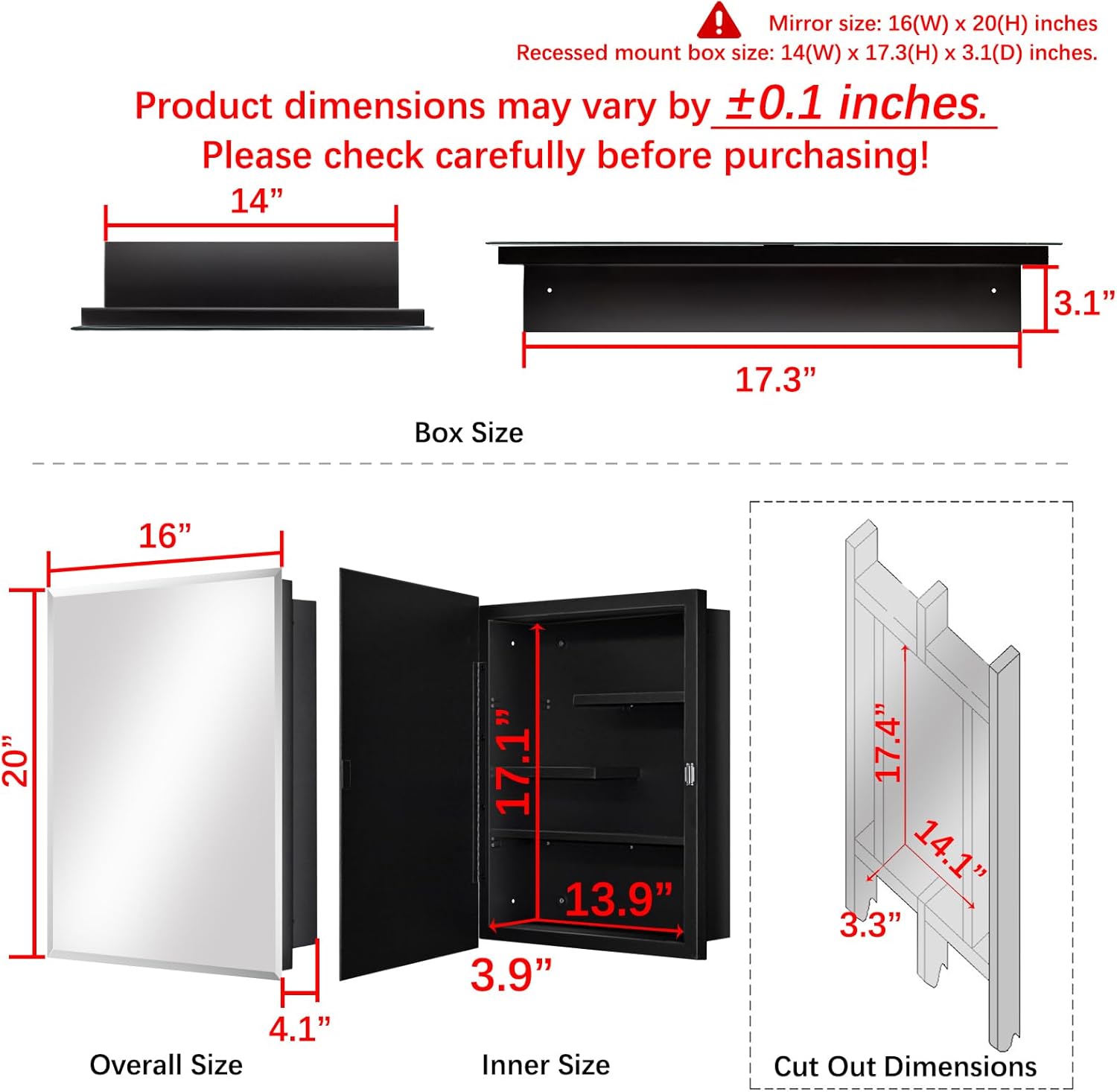 Fundin Black Medicine Cabinet with 16 x 20 Beveled Mirror & Adjustable Staggered Shelves, Recessed or Surface Mount Bathroom Medicine Cabinet