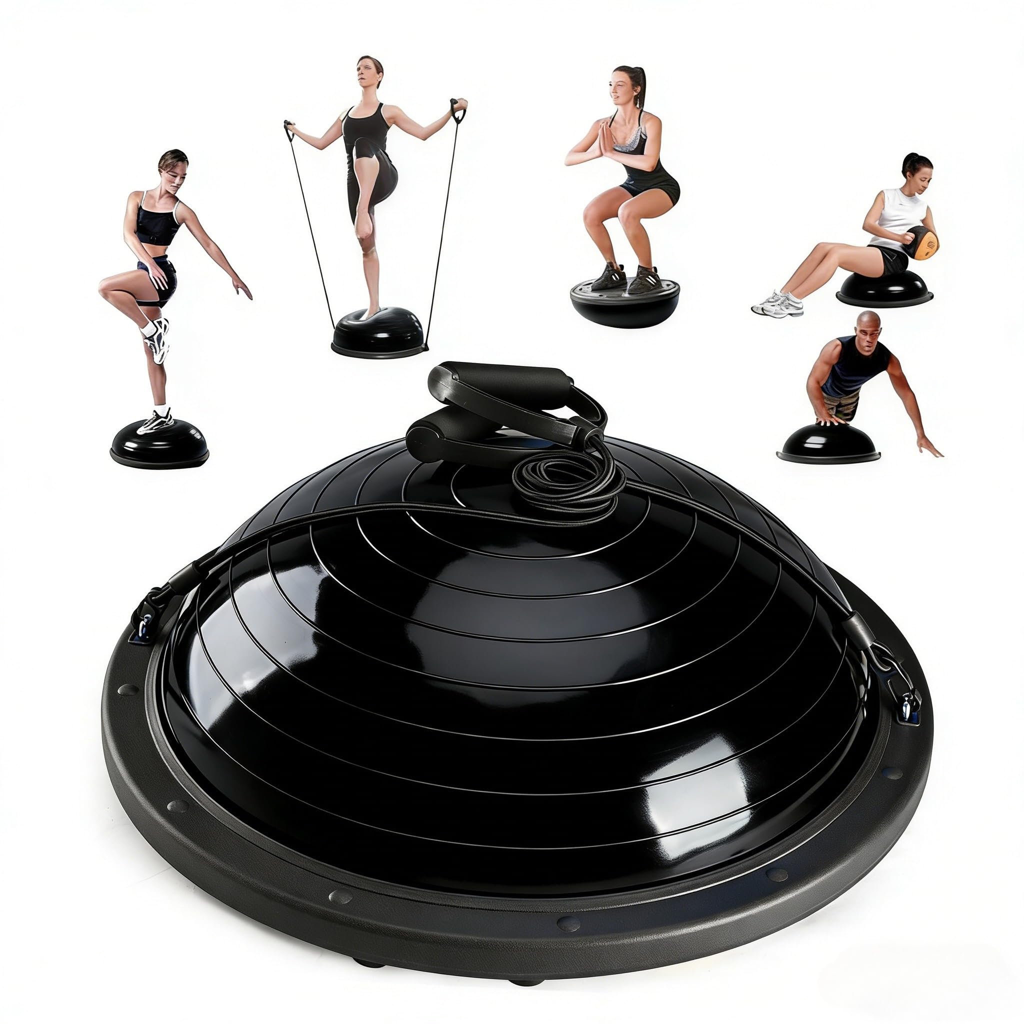 Half Balance Ball Trainer, Half Yoga Exercise Ball with Resistance Bands and Foot Pump, Balance Trainer for Stability Training, Strength Exercise Fitness, Home Gym Workout Equipment (black)