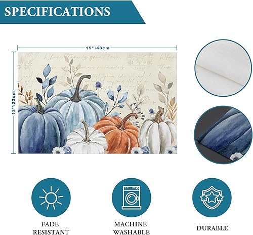 Miniatura 7 de Juego de 4 manteles individuales de otoño con diseño de calabaza azul, hojas florales, manteles individuales de otoño, lavables, cosecha, Acción de