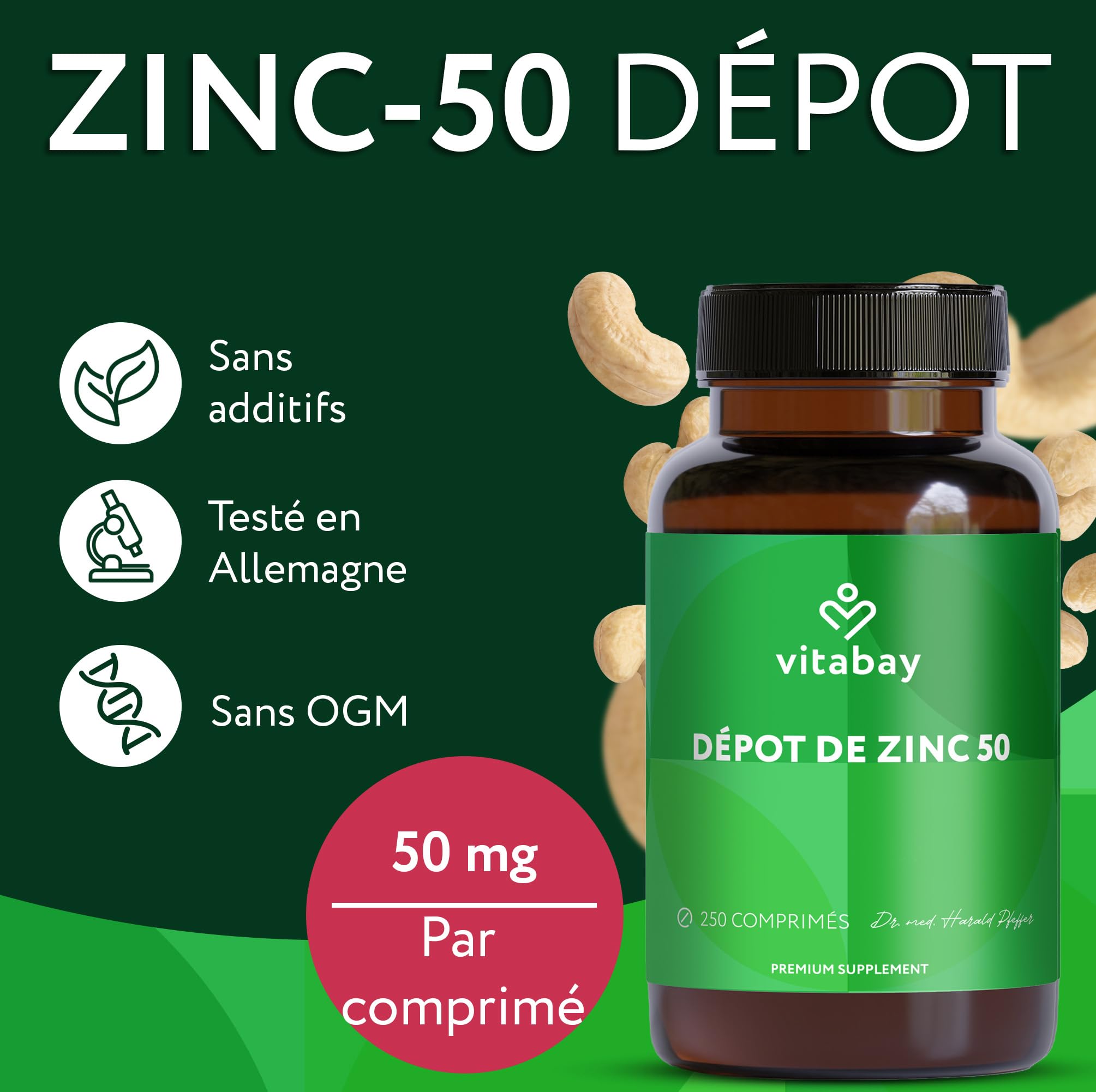 Vitabay Zinc 50 mg haute dose – 250 comprimés sécables vegans | Gluconate de zinc pour immunité, peau, cheveux & ongles – testé en laboratoire en Allemagne – réserve 16 mois