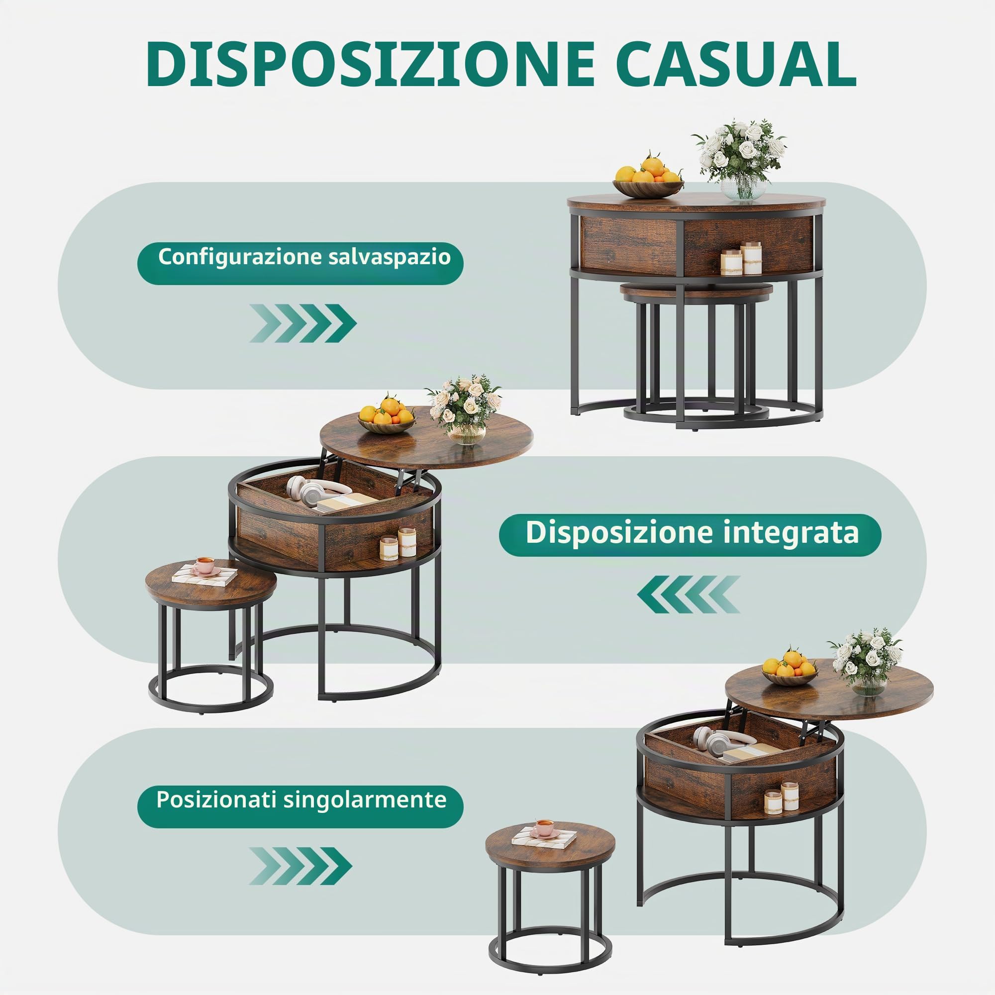YITAHOME Tavolino da Caffè sollevabile, Set di 2 Tavolino Soggiorno Moderno, Tavolo da Divano Rotondo 60x60x50cm, 38x38x30cm