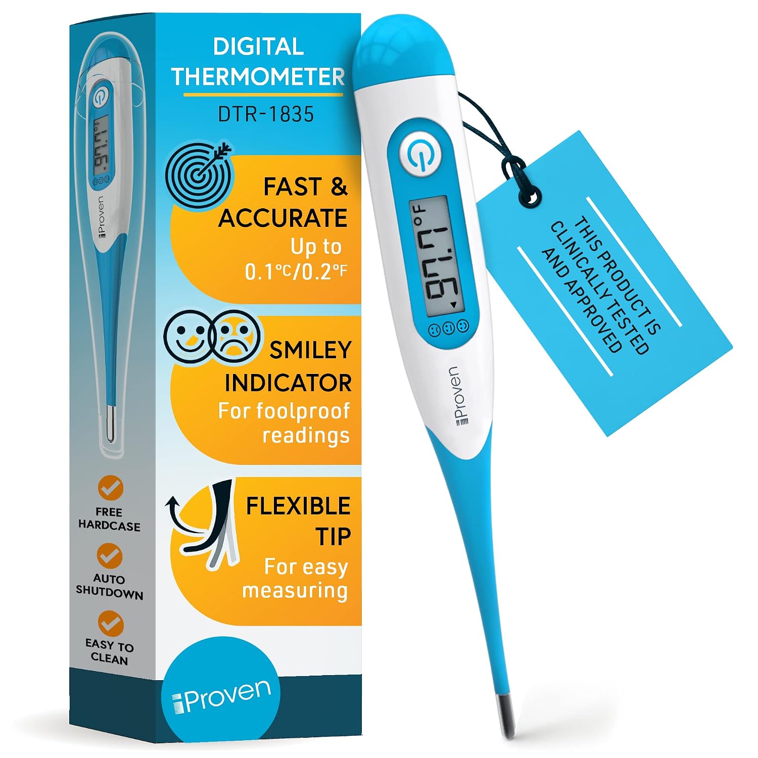 iProven® - Digital Oral Thermometer for Adults & Kids - Reliable, Fast & Accurate Measurements - Easy to Use, Flexible Tip, with Smiley Fever Indicator & Hardcase